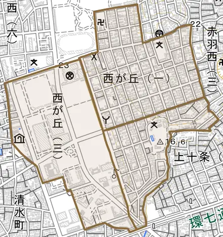 西が丘とその周辺の地図。町の範囲を重ねている