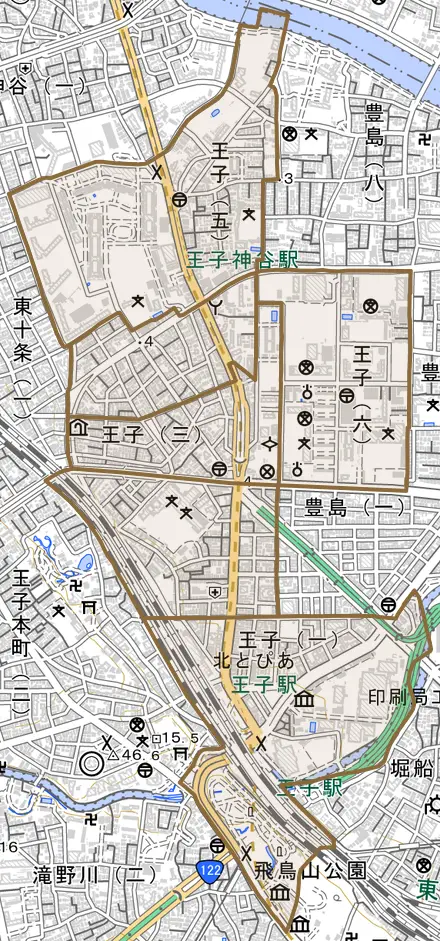 王子とその周辺の地図。町の範囲を重ねている