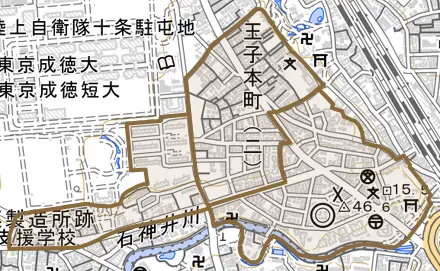 王子本町とその周辺の地図。町の範囲を重ねている