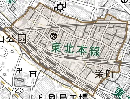 栄町とその周辺の地図。町の範囲を重ねている