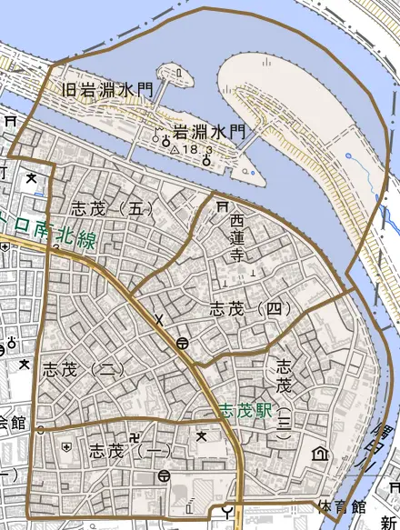 志茂とその周辺の地図。町の範囲を重ねている