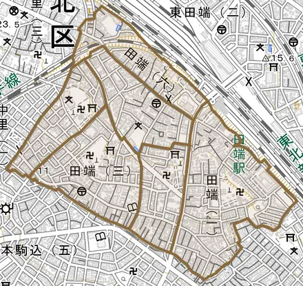田端とその周辺の地図。町の範囲を重ねている