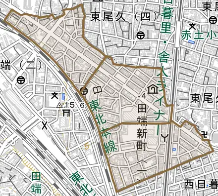 田端新町とその周辺の地図。町の範囲を重ねている