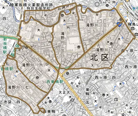 滝野川とその周辺の地図。町の範囲を重ねている