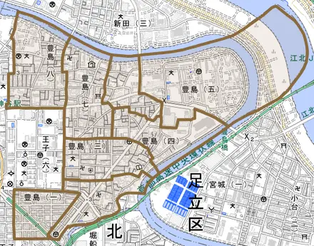 豊島とその周辺の地図。町の範囲を重ねている