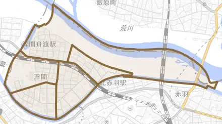 浮間とその周辺の地図。町の範囲を重ねている