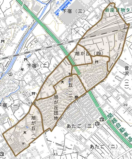 旭が丘とその周辺の地図。町の範囲を重ねている