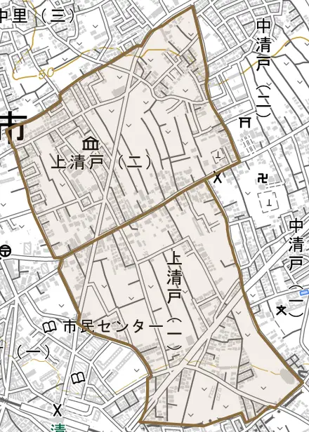 上清戸とその周辺の地図。町の範囲を重ねている