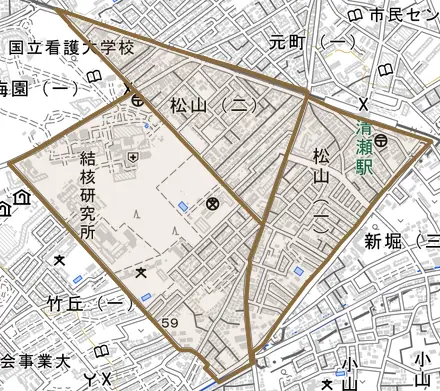 松山とその周辺の地図。町の範囲を重ねている