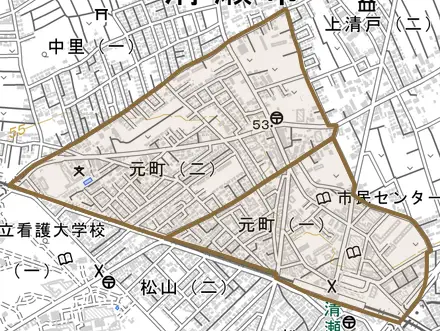 元町とその周辺の地図。町の範囲を重ねている