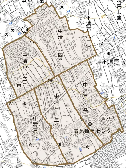 中清戸とその周辺の地図。町の範囲を重ねている