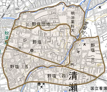 野塩とその周辺の地図。町の範囲を重ねている