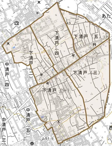 下清戸とその周辺の地図。町の範囲を重ねている