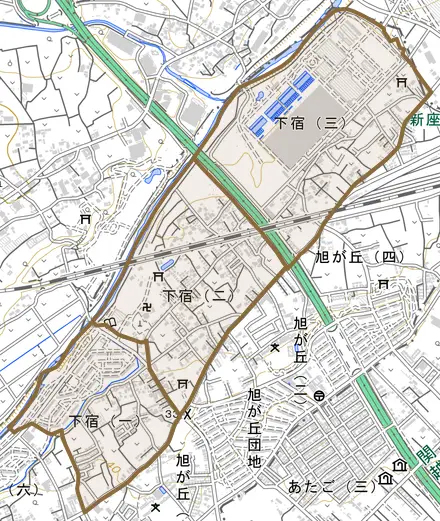 下宿とその周辺の地図。町の範囲を重ねている