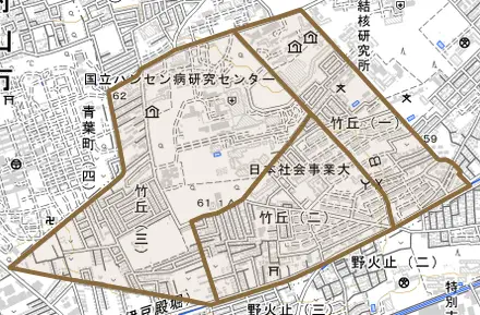 竹丘とその周辺の地図。町の範囲を重ねている