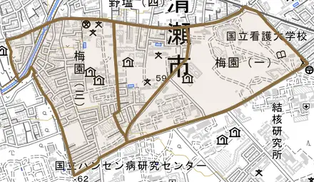 梅園とその周辺の地図。町の範囲を重ねている