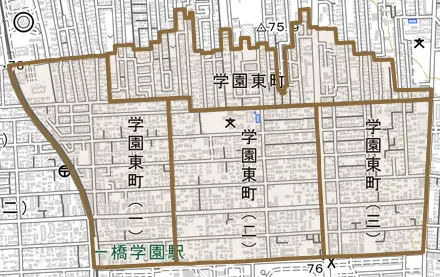 学園東町とその周辺の地図。町の範囲を重ねている