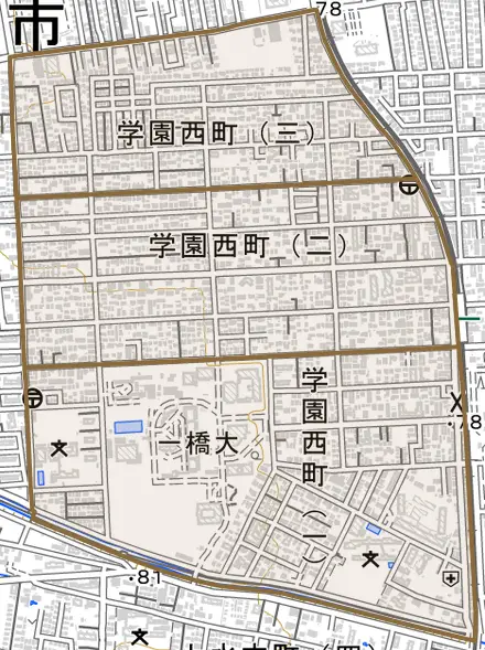 学園西町とその周辺の地図。町の範囲を重ねている
