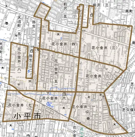 花小金井とその周辺の地図。町の範囲を重ねている