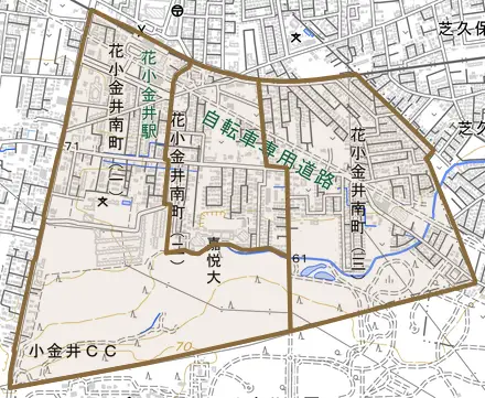 花小金井南町とその周辺の地図。町の範囲を重ねている