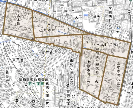 上水本町とその周辺の地図。町の範囲を重ねている