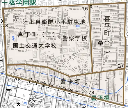 喜平町とその周辺の地図。町の範囲を重ねている