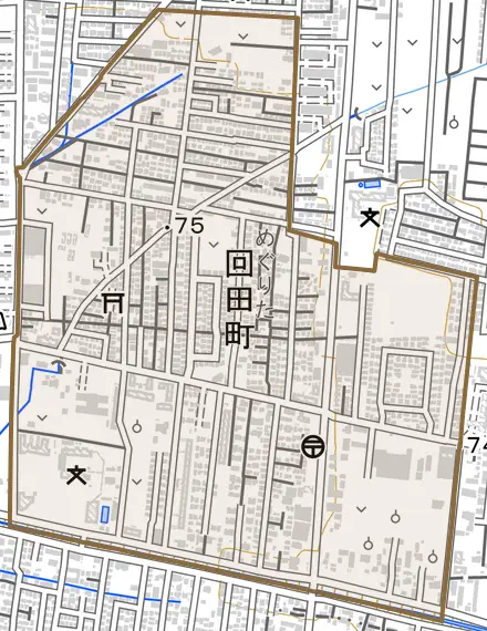 回田町とその周辺の地図。町の範囲を重ねている