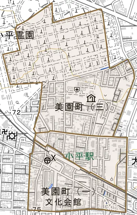 美園町とその周辺の地図。町の範囲を重ねている