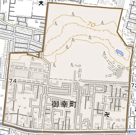 御幸町とその周辺の地図。町の範囲を重ねている