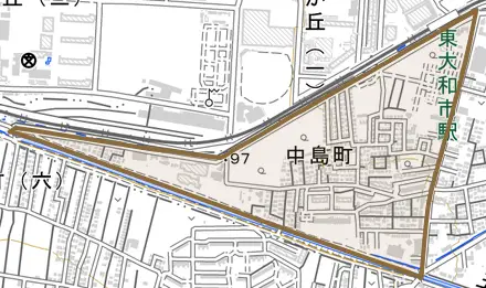 中島町とその周辺の地図。町の範囲を重ねている
