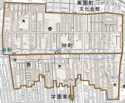 仲町とその周辺の地図。町の範囲を重ねている