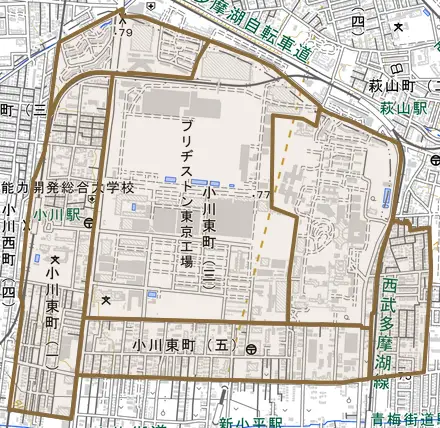 小川東町とその周辺の地図。町の範囲を重ねている