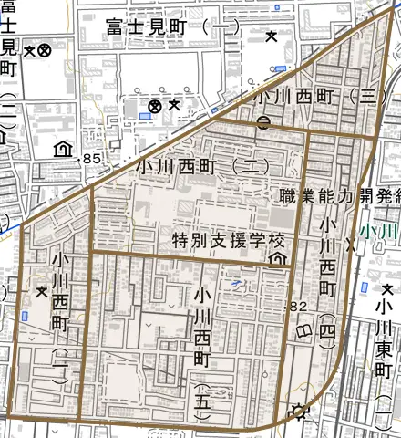 小川西町とその周辺の地図。町の範囲を重ねている
