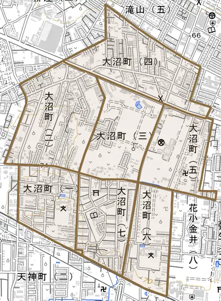 大沼町とその周辺の地図。町の範囲を重ねている