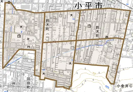 鈴木町とその周辺の地図。町の範囲を重ねている