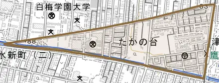 たかの台とその周辺の地図。町の範囲を重ねている