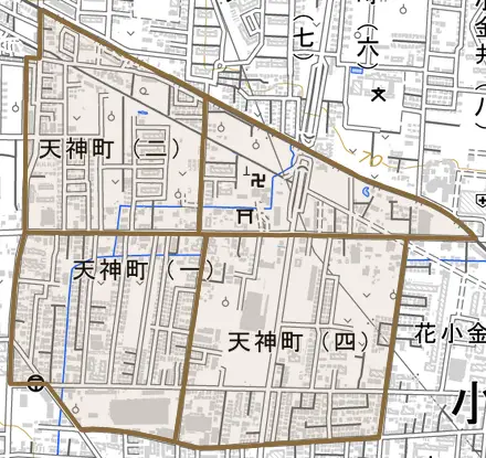 天神町とその周辺の地図。町の範囲を重ねている