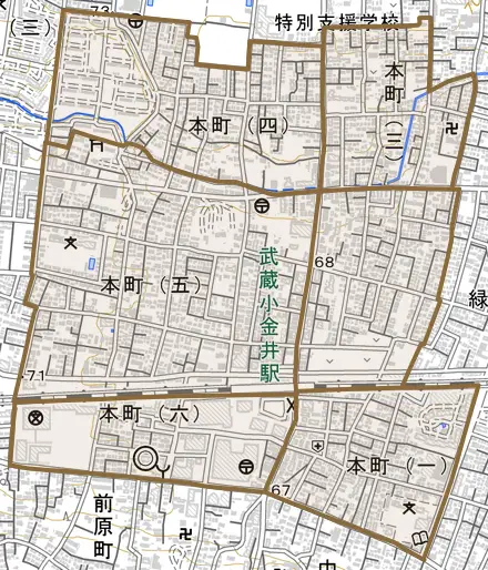 本町とその周辺の地図。町の範囲を重ねている