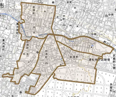 前原町とその周辺の地図。町の範囲を重ねている