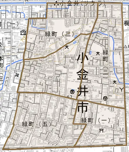 緑町とその周辺の地図。町の範囲を重ねている