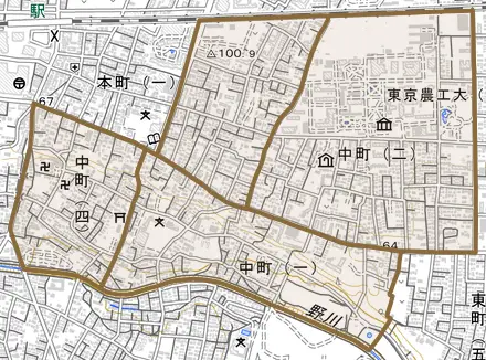 中町とその周辺の地図。町の範囲を重ねている