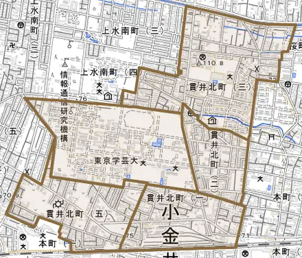貫井北町とその周辺の地図。町の範囲を重ねている