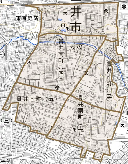 貫井南町とその周辺の地図。町の範囲を重ねている