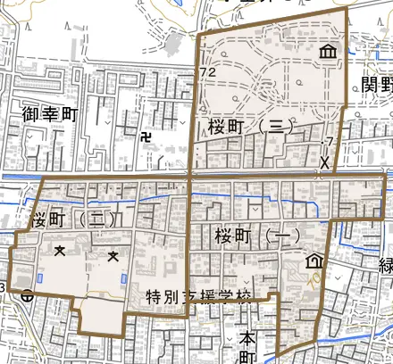 桜町とその周辺の地図。町の範囲を重ねている
