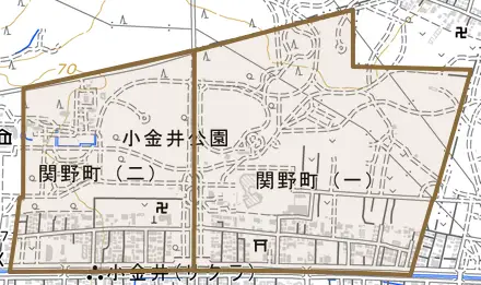 関野町とその周辺の地図。町の範囲を重ねている