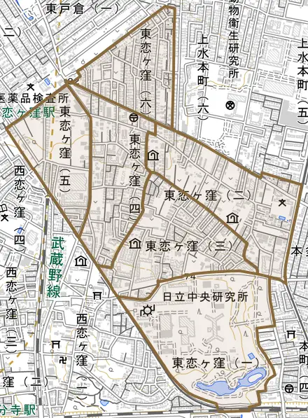 東恋ヶ窪とその周辺の地図。町の範囲を重ねている