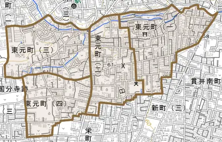 東元町とその周辺の地図。町の範囲を重ねている