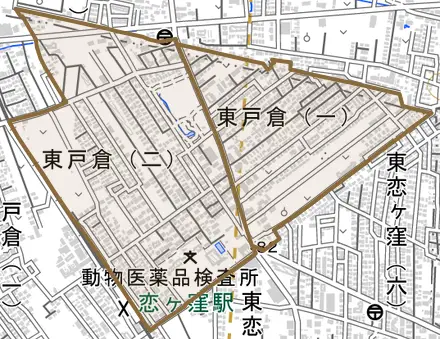 東戸倉とその周辺の地図。町の範囲を重ねている