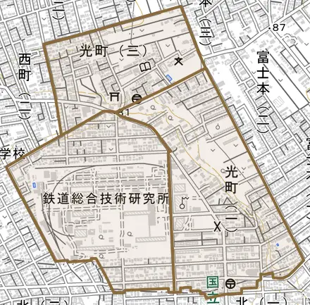 光町とその周辺の地図。町の範囲を重ねている