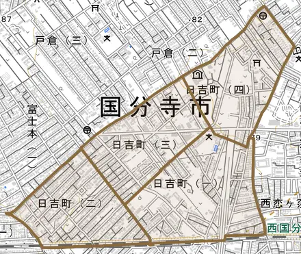 日吉町とその周辺の地図。町の範囲を重ねている